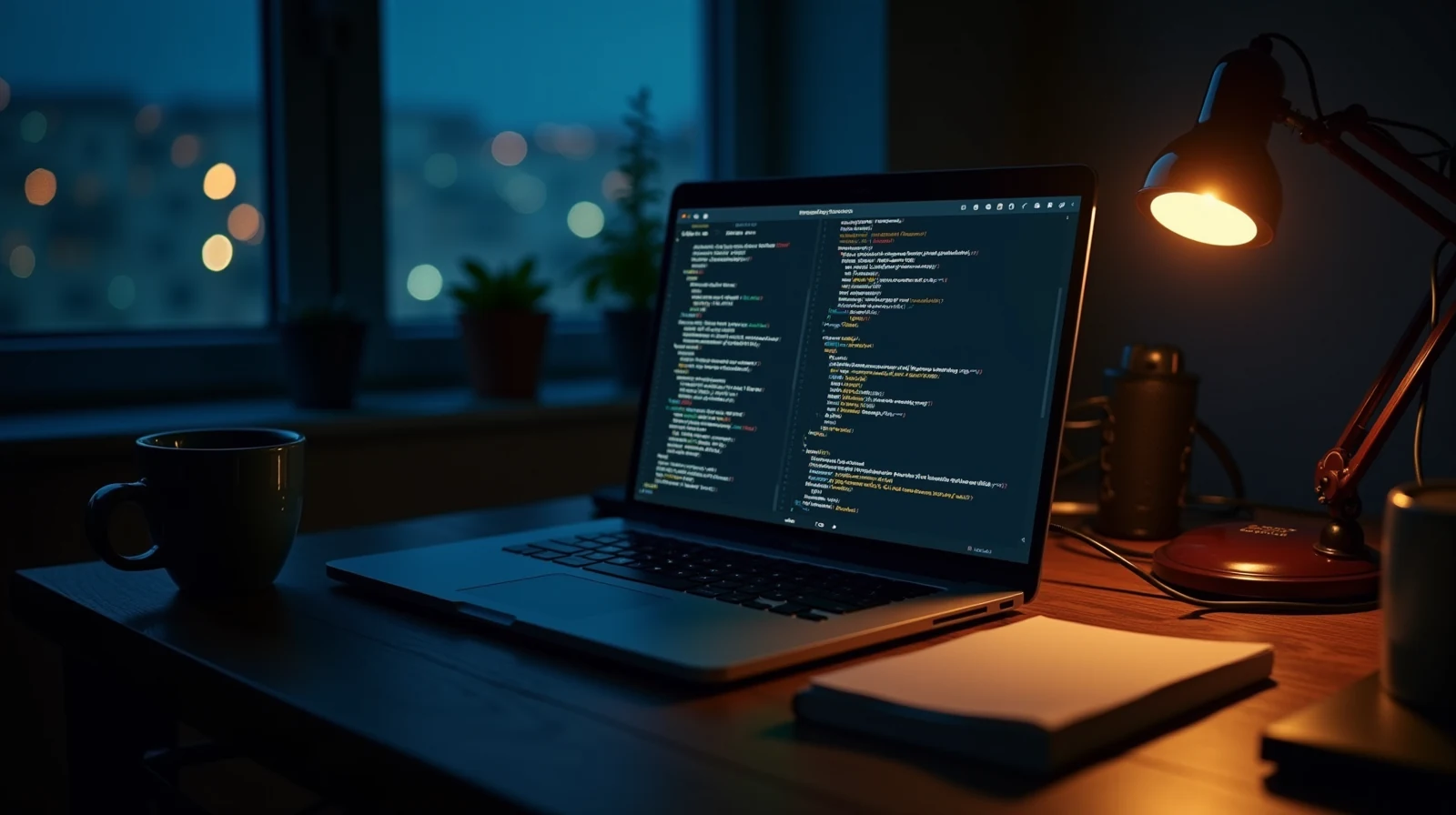 A late-night desk setup with a laptop and a second monitor running dark-themed code and terminal windows