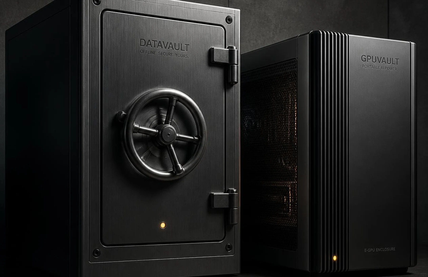 Three matte-black local-AI modules sized by VRAM tier — 8GB for laptops and entry, 16GB for a dedicated workstation, 24GB for full FLUX, DeepSeek and local RAG
