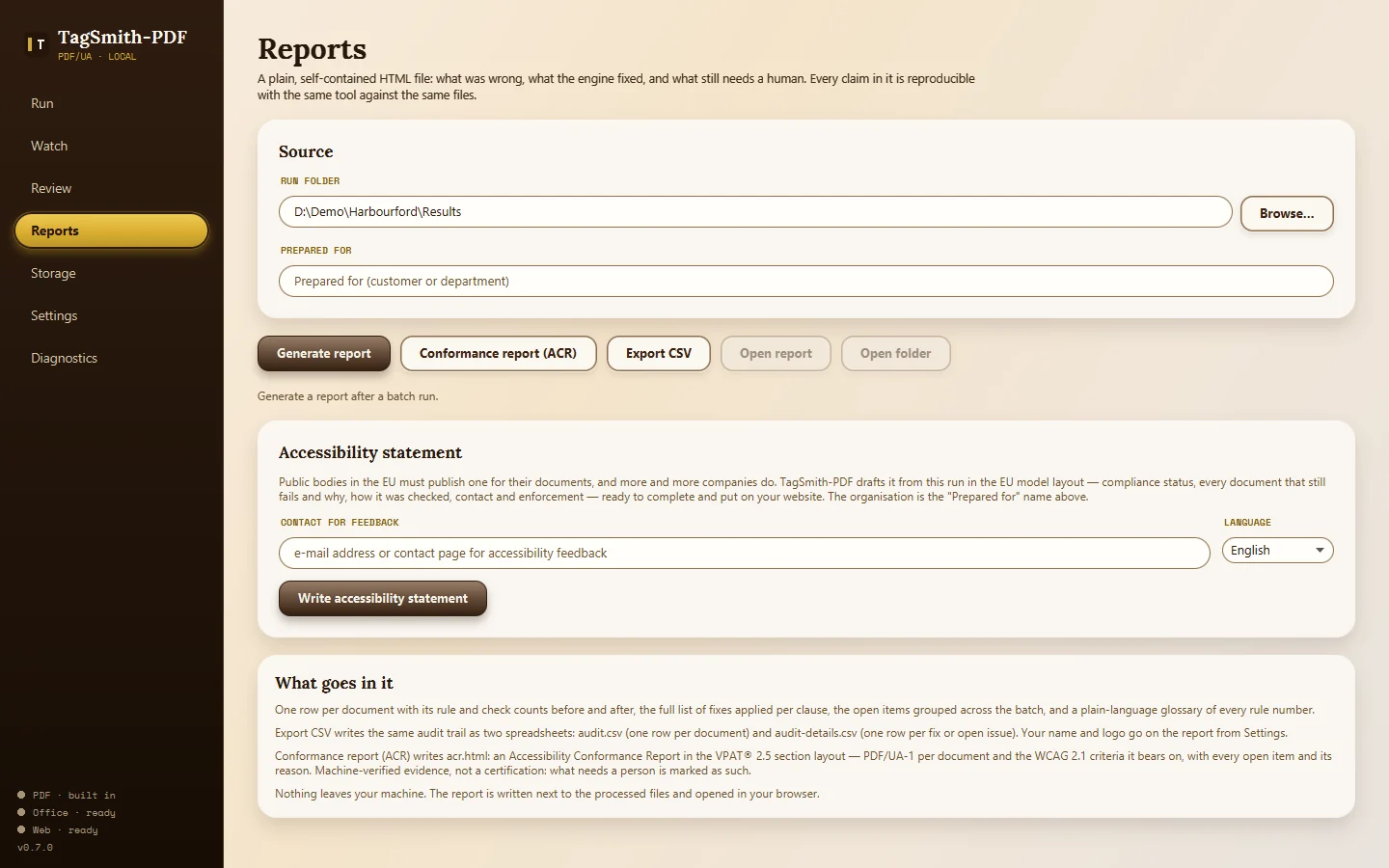 TagSmith-PDF Reports screen with remediation report, conformance report, audit spreadsheets and accessibility statement