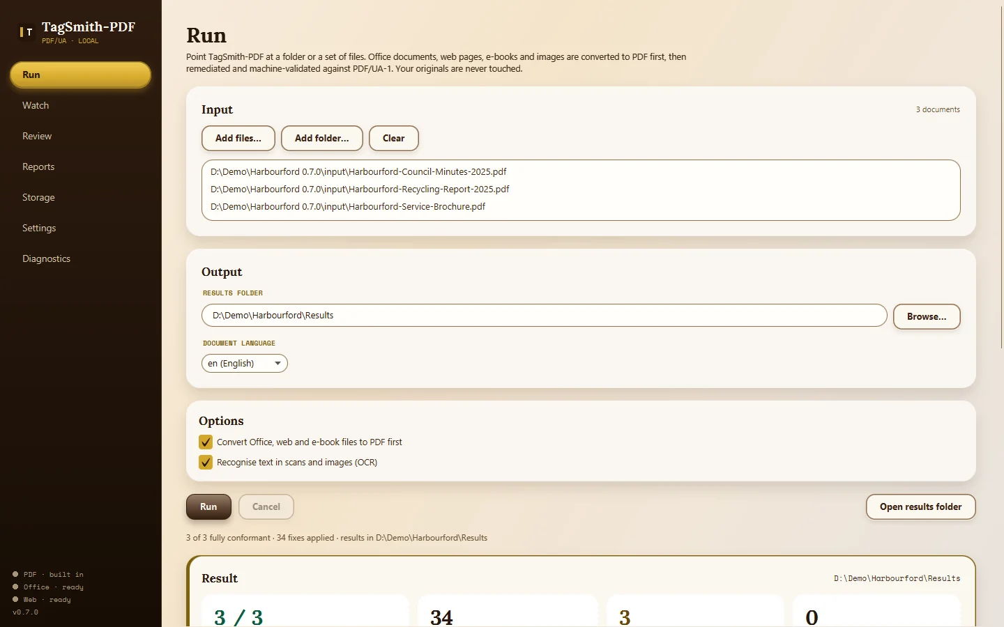 TagSmith-PDF Run screen: a folder of Office files, web pages and scans converted, repaired and validated in one batch