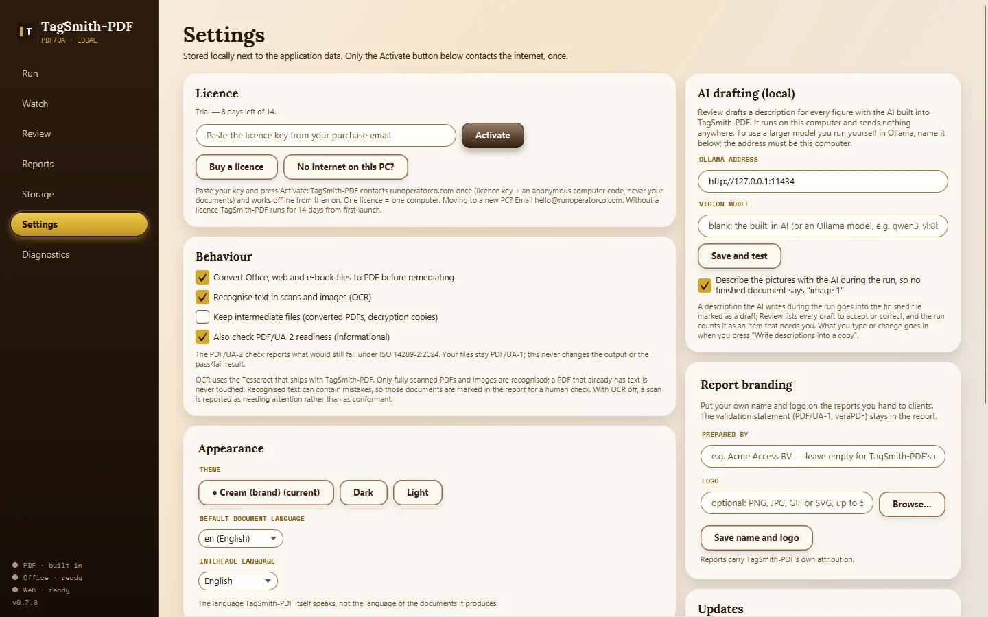 TagSmith-PDF Settings screen: conversion, OCR and the AI all run on this computer